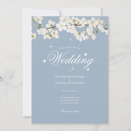 Dusty Blue Floral Wedding White Blossom Einladung (Vorderseite)