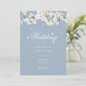 Dusty Blue Floral Wedding White Blossom Einladung (Stehend Vorderseite)