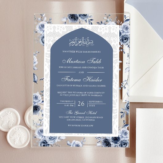 Dusty Blue Floral White Lace Arch muslimische Hoch Acryleinladungen