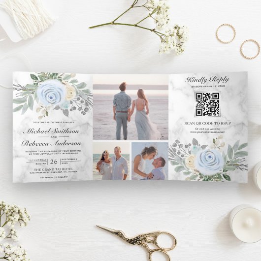 Dusty Blue Floral White Marble QR Code Wedding Dreifach Gefaltete Einladung