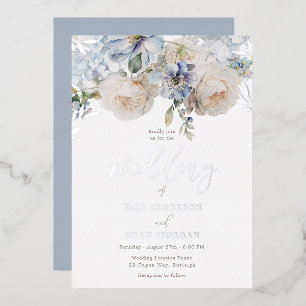 Dusty Blue Floral & White Roses Wedding Silver Folieneinladung