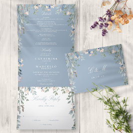 Dusty Blue Floral Wildblumen Foto Hochzeit Dreifach Gefaltete Einladung