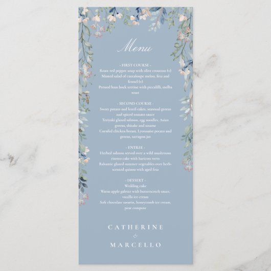 Dusty Blue Floral Wildblumen Hochzeitsessen Menükarte (Vorderseite)