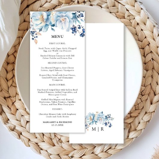 Dusty Blue Floral Winter Wedding Menu Menükarte