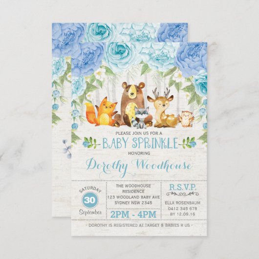 Dusty Blue Floral Woodland Animals Boy Baby Dusche Einladung (Vorne/Hinten)