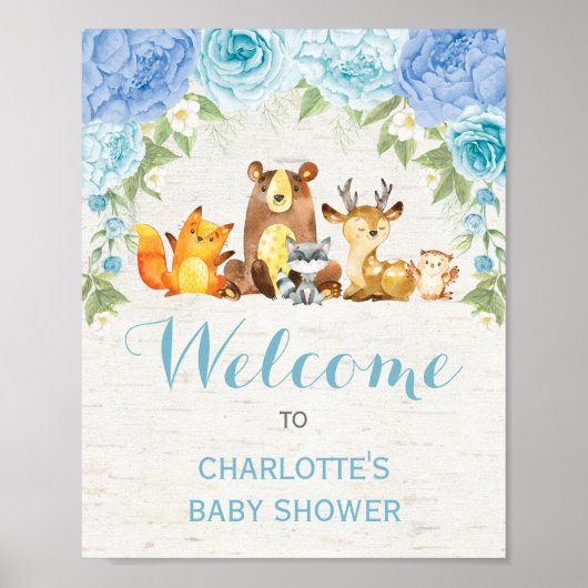 Dusty Blue Floral Woodland Forest Animals Baby Boy Poster (Vorne)