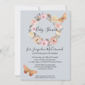 Dusty Blue Floral Wreath Butterfly Virtual Dusche Einladung (Vorderseite)