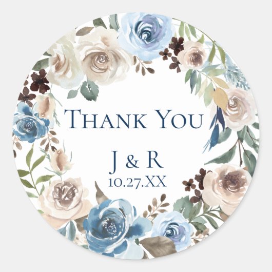 Dusty Blue Floral Wreath Personalisiert Gefallen Runder Aufkleber (Vorderseite)