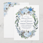 Dusty Blue Floral Wreath Probe Dinner Einladung (Vorne/Hinten)