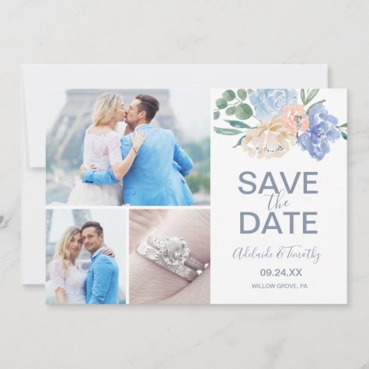 Dusty Blue Florals 3 Foto Collage Save The Date (Vorderseite)