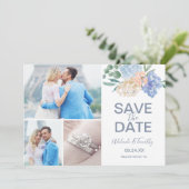 Dusty Blue Florals 3 Foto Collage Save The Date (Stehend Vorderseite)