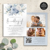 Dusty Blue Florals 3 Fotos QR Code Wedding Einladung