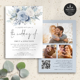 Dusty Blue Florals 3 Fotos QR Code Wedding Einladung