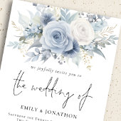 Dusty Blue Florals 3 Fotos QR Code Wedding Einladung