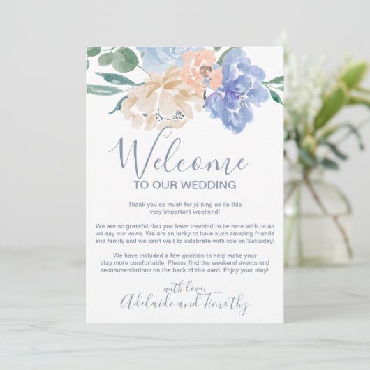 Dusty Blue Florals Begrüßungsschreiben und Reisere Programm (Stehend Vorderseite)