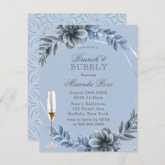Dusty Blue Florals Brunch & Bubbly Einladung (Vorne/Hinten)