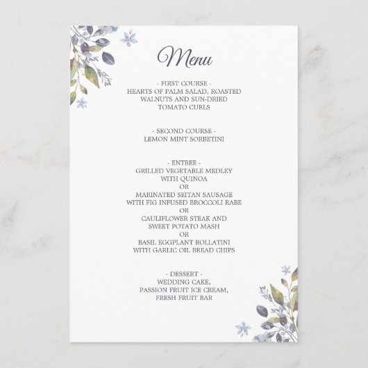 Dusty Blue Florals Combo Menü Hochzeitdetails (Rückseite)
