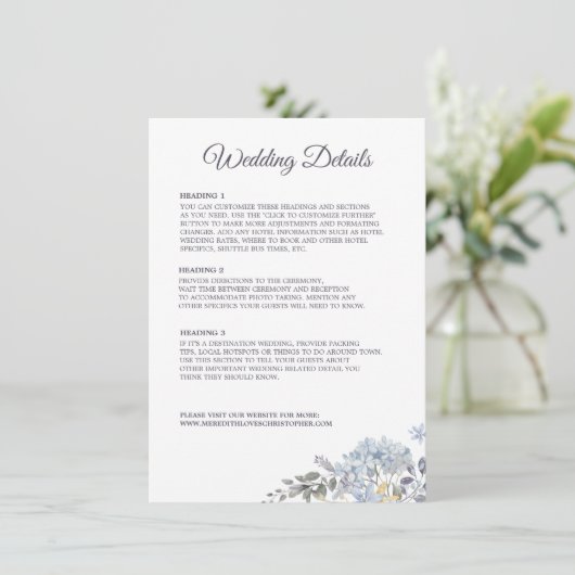 Dusty Blue Florals Combo Menü Hochzeitdetails (Stehend Vorderseite)