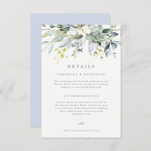 Dusty Blue Florals Details Card Einladung (Vorne/Hinten)
