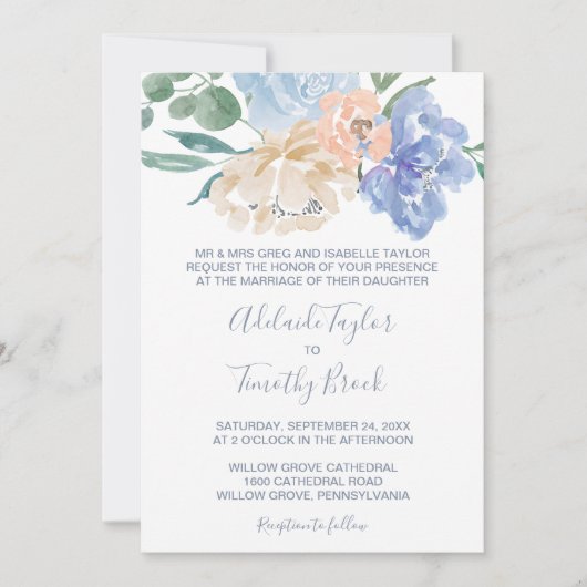 Dusty Blue Florals Formal Wedding Einladung (Vorderseite)