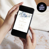 Dusty Blue Florals Foto Gold Text QR Code Hochzeit Einladung