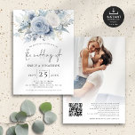 Dusty Blue Florals Foto Overlay QR Code Wedding Einladung<br><div class="desc">Dusty Blue Florals Foto Overlay QR Code Hochzeit. Verfügbar in digitaler Form und gedruckt. Elegante Blumen, hellblau und weiß, fließen von oben nach unten. Die Hochzeit Of ist in einem handgeschriebenen Set-Skript. Personalisieren Sie die Erholung des Textes einfach auf Ihre eigenen Daten. Ersetzen Sie das Beispielbild auf der Rückseite durch...</div>