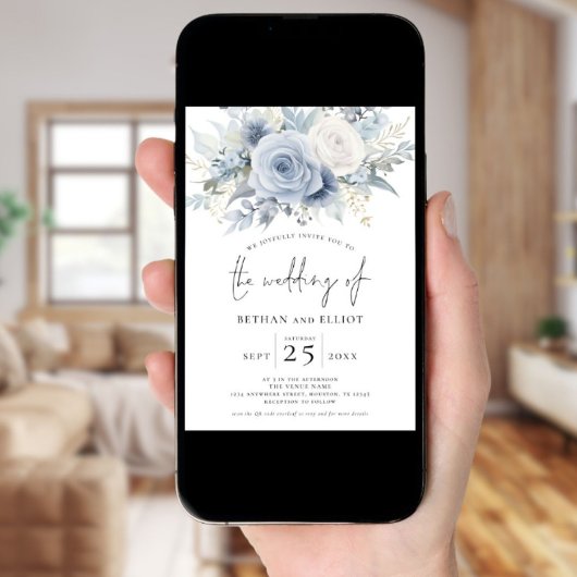 Dusty Blue Florals Foto QR Code Arch Wedding Einladung