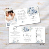 Dusty Blue Florals Foto QR Code Timeline Wedding Dreifach Gefaltete Einladung