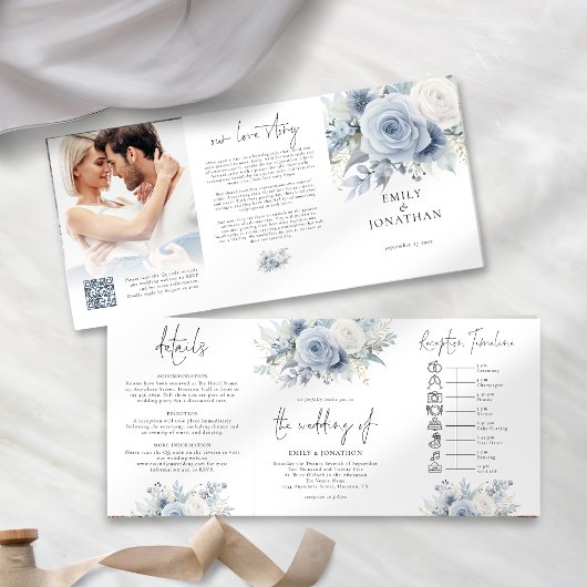 Dusty Blue Florals Foto QR Code Timeline Wedding Dreifach Gefaltete Einladung