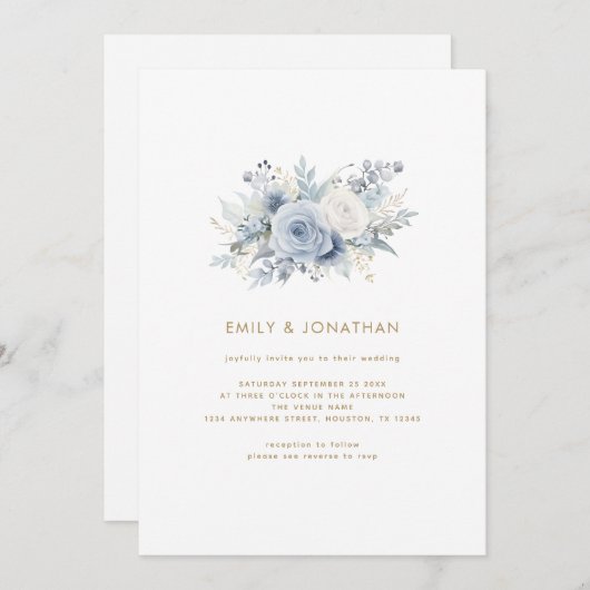 Dusty Blue Florals Gold Script QR Code Wedding Einladung (Vorne/Hinten)