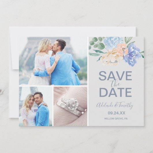 Dusty Blue Florals | Grau 3 FotoCollage Save The Date (Vorderseite)