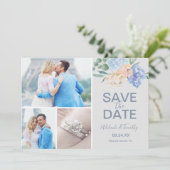 Dusty Blue Florals | Grau 3 FotoCollage Save The Date (Stehend Vorderseite)