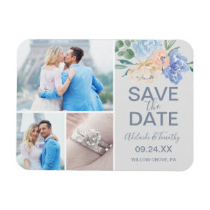 Dusty Blue Florals Graues 3 Foto Save the Date Magnet