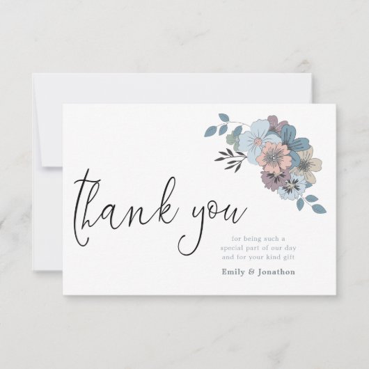 Dusty Blue Florals Illustration Script Foto Dankeskarte (Vorderseite)
