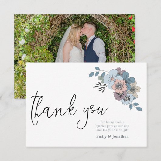 Dusty Blue Florals Illustration Script Foto Dankeskarte (Vorne/Hinten)