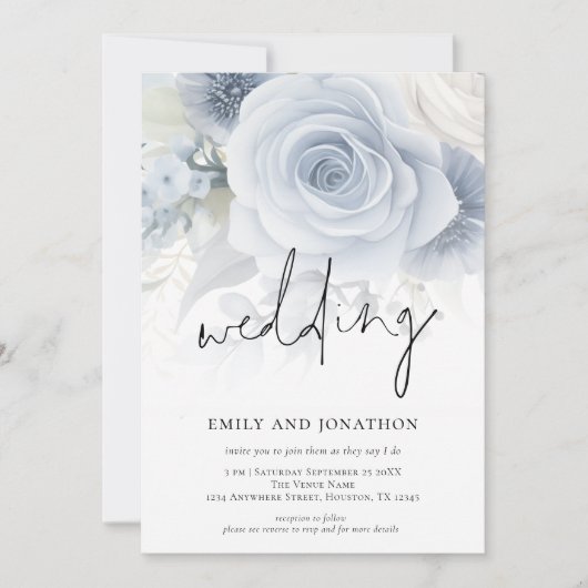 Dusty Blue Florals informelle Script Wedding Einladung (Vorderseite)