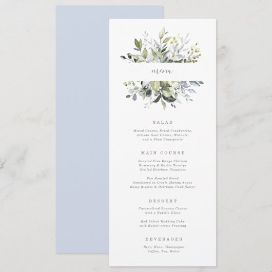 Dusty Blue Florals Menükarte (Vorne/Hinten)