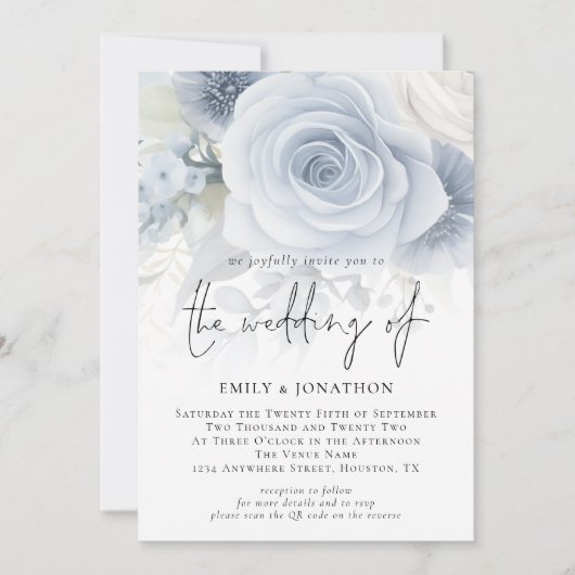 Dusty Blue Florals Overlay Foto QR Code Wedding Einladung (Vorderseite)