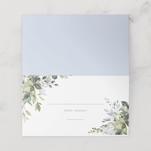Dusty Blue Florals Platzkarte (Außenseite Aufgefaltet)