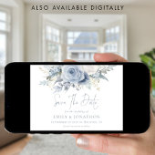 Dusty Blue Florals QR Code Blue Lettering Wedding Save The Date
