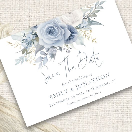 Dusty Blue Florals QR Code Blue Writing Wedding Save The Date