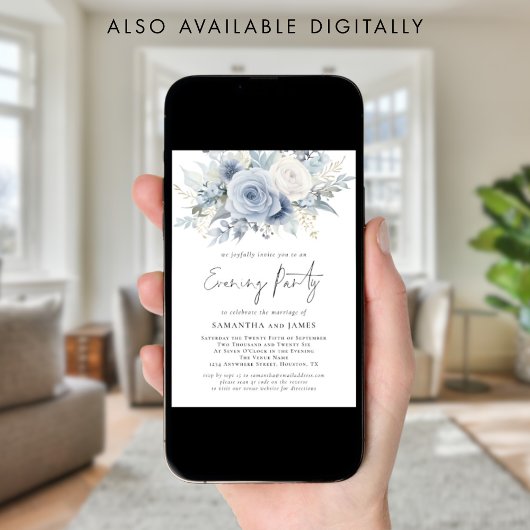 Dusty Blue Florals QR Code Wedding Abend Party Einladung