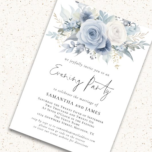 Dusty Blue Florals QR Code Wedding Abend Party Einladung