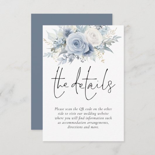 Dusty Blue Florals QR Code Wedding Details Begleitkarte (Vorne/Hinten)