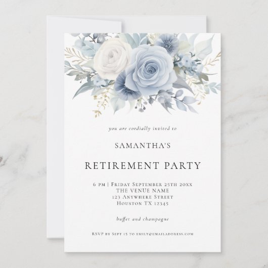 Dusty Blue Florals Retirement Party Einladung (Vorderseite)