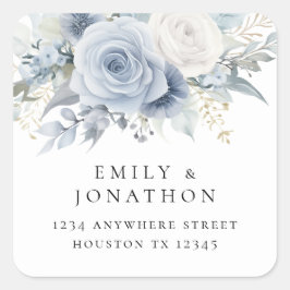 Dusty Blue Florals Return Name Address Classi Quadratischer Aufkleber