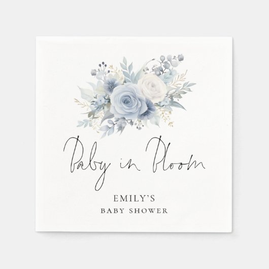 Dusty Blue Florals Script Baby in Bloom Shower Serviette (Vorderseite)