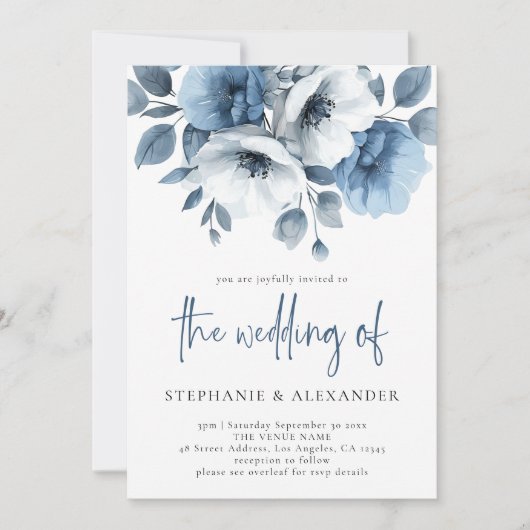Dusty Blue Florals Script QR Code Wedding Einladung (Vorderseite)