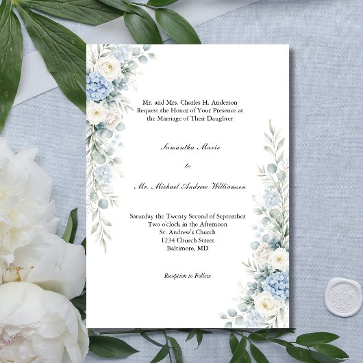 Dusty Blue Florals Traditional Church Wedding Einladung