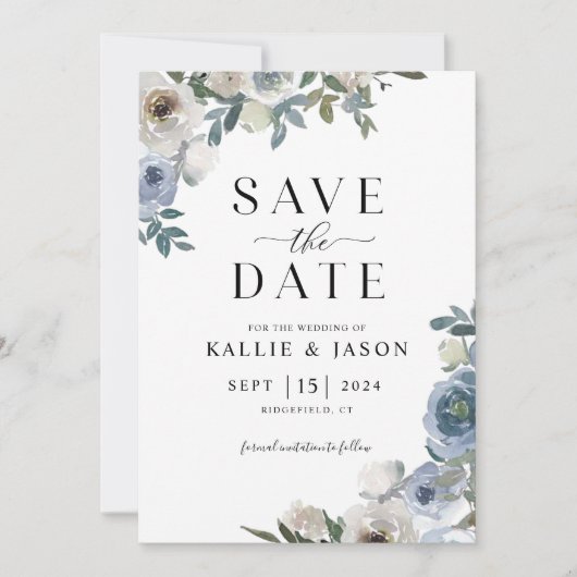 Dusty Blue Florals Watercolor Save the Date Einladung (Vorderseite)